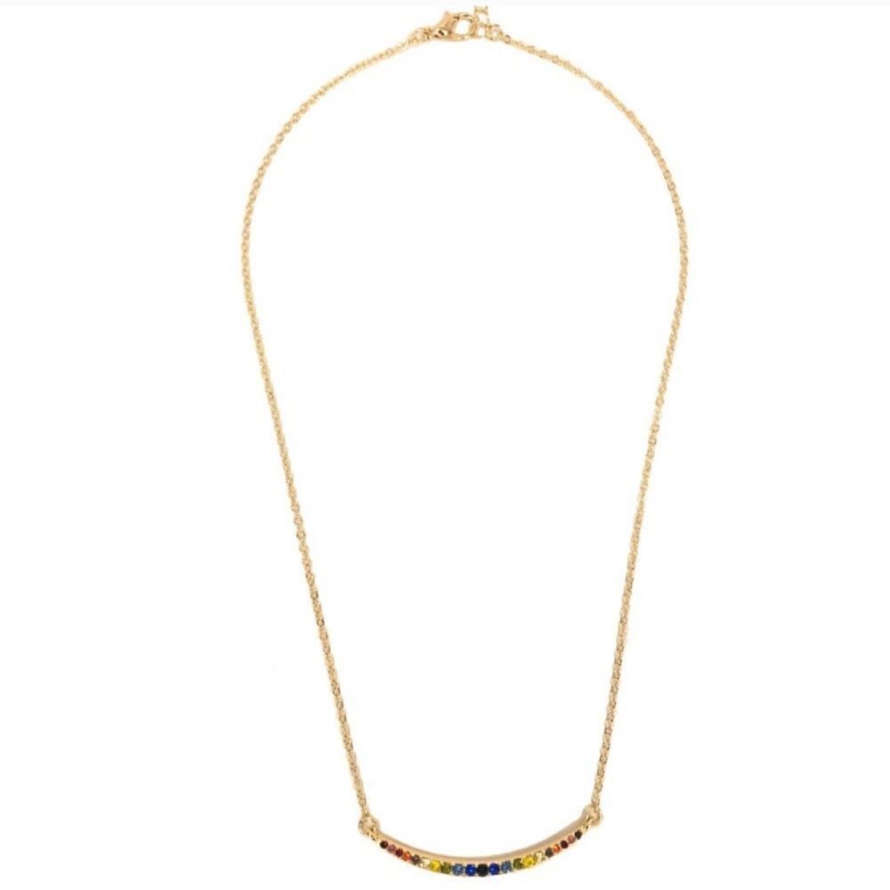 New In Box Amelia Rue Gold Curved Bar Rainbow Rhinestone Necklace - Picture 2 of 7